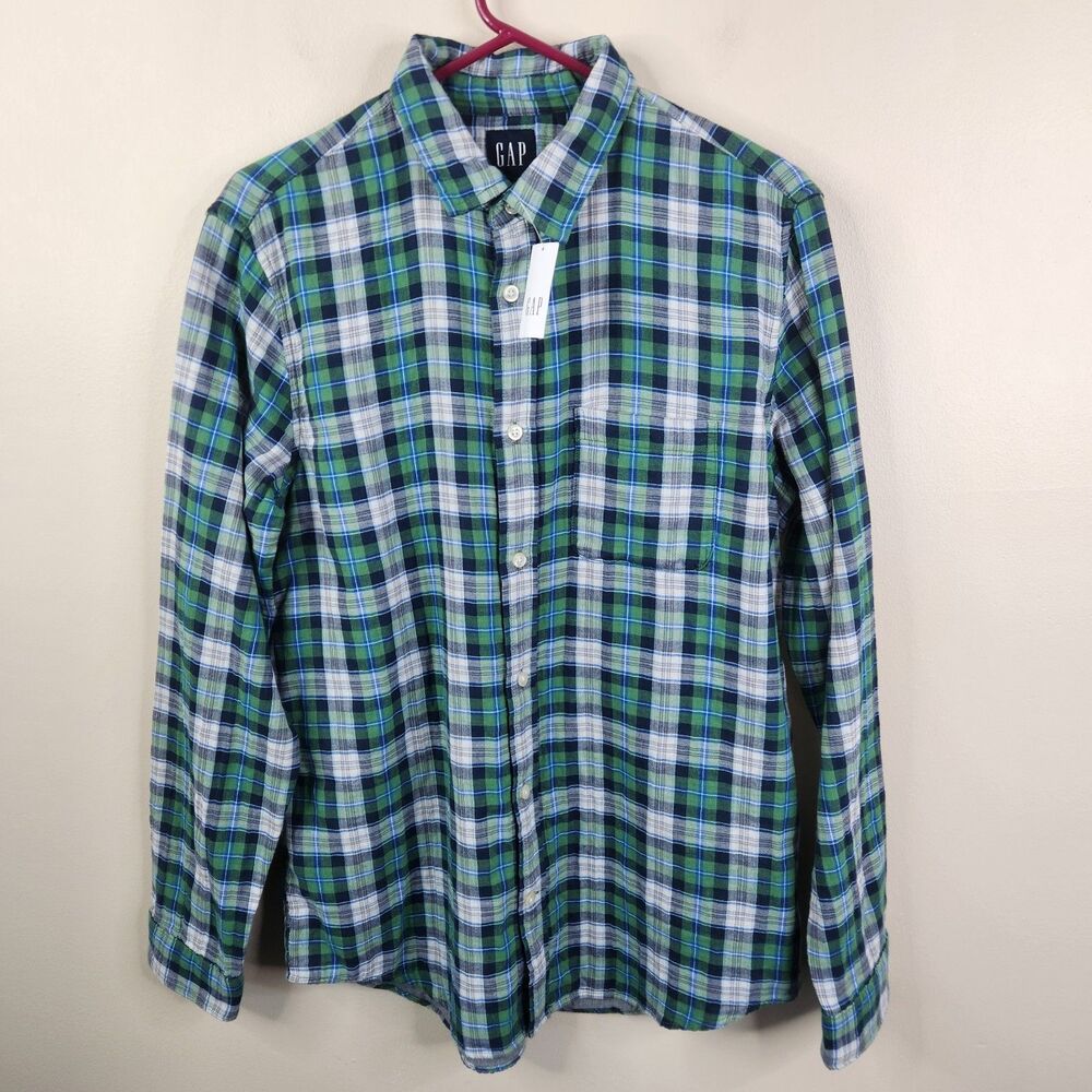 NEW Gap Mens Long Sleeve Green Plaid Single Pocket Cotton Button Down Shirt S
